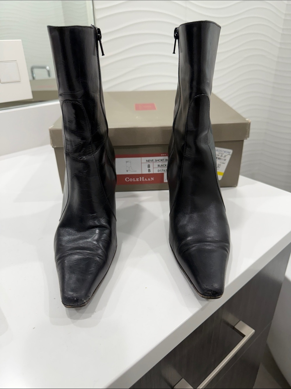 Cole Haan Black Leather Pointed Toe Mid-Calf Boots